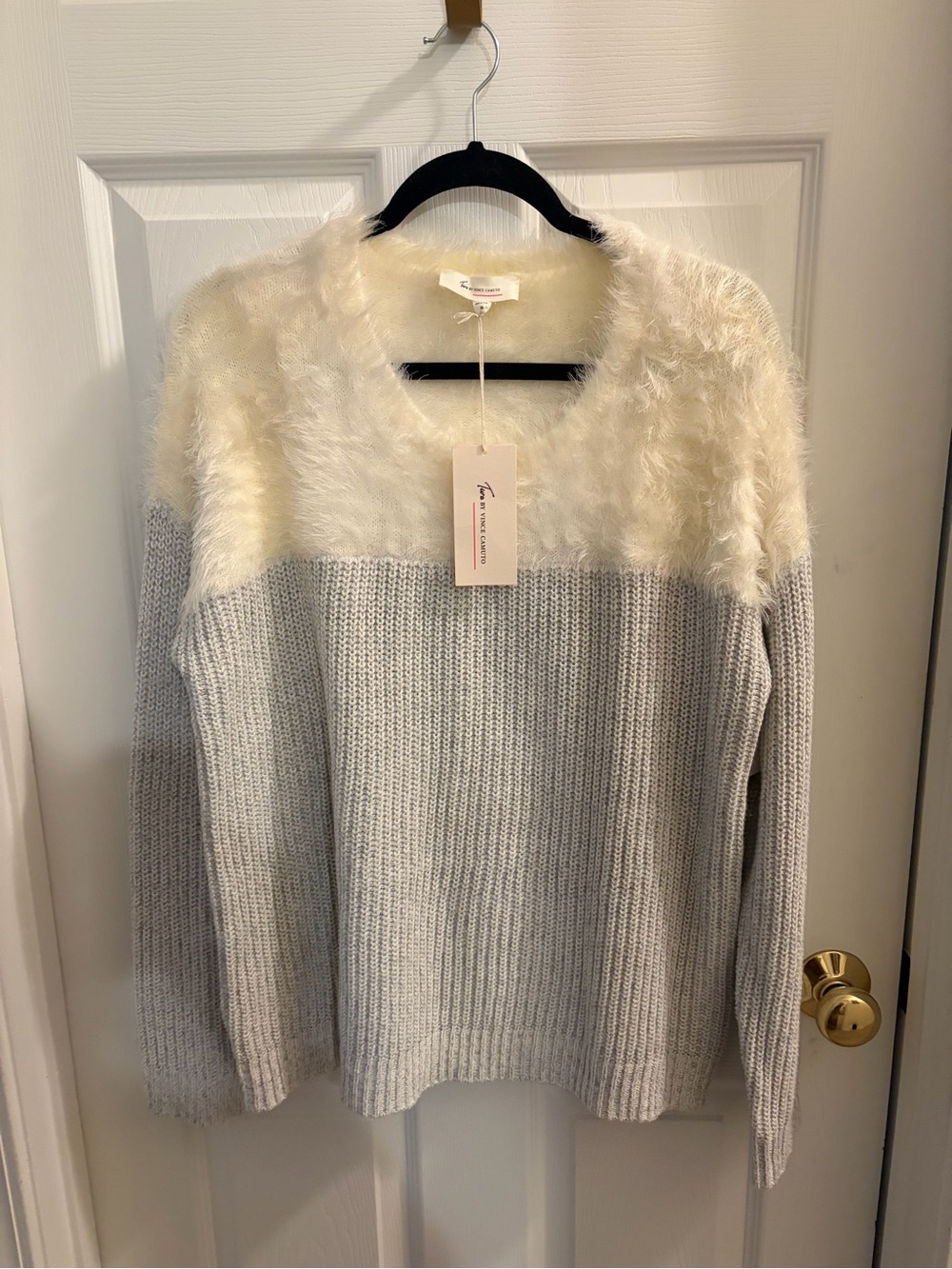 Vince Camuto Two-Tone Faux-Fur Yoke Crewneck Sweater - Cream & Light Gray